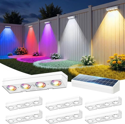 JOFIOS Solar Fence Lights Outdoor, 8 Pack, 9 Fixed Colors ＆ Color Changing Solar Lights Outdoor Waterproof IP65 Dusk-to-Dawn Vinyl Fence Lights for Patio, Railing, Pool, Porch, Backyard, Wall, White