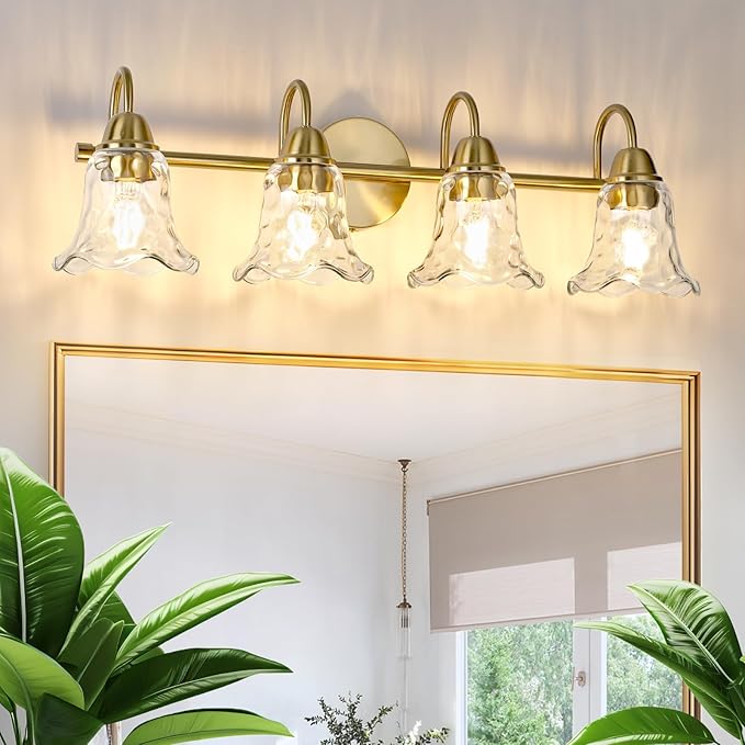Bathroom Light Fixtures Over Mirror, 4 Lights Vintage Wall Sconces with Hammered Glass Shade, 26.8" Gold Bathroom Wall Light Fixtures for Bedroom, Porch, Hotel, Mirror Cabinet