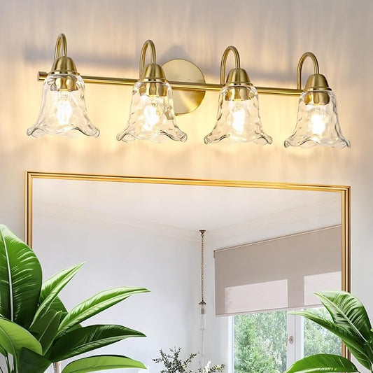 Bathroom Light Fixtures Over Mirror, 4 Lights Vintage Wall Sconces with Hammered Glass Shade, 26.8" Gold Bathroom Wall Light Fixtures for Bedroom, Porch, Hotel, Mirror Cabinet