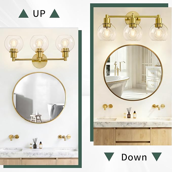Espird 3 Light Bathroom Light Fixtures, Brushed Brass Bathroom Vanity Lights, Modern Vanity Lights 3-Light Globe Bathroom Vanity Lighting Fixture Over Mirror