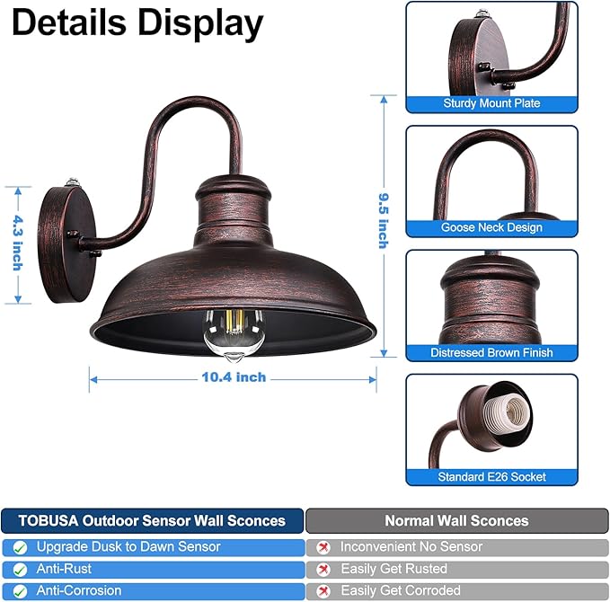 TOBUSA 2-Pack Dusk to Dawn Outdoor Wall Lights, Exterior Farmhouse Gooseneck Barn Light, Vintage Outside Wall Mount Light Fixture, Waterproof Outdoor Light for House Porch Garage, Distressed Brown