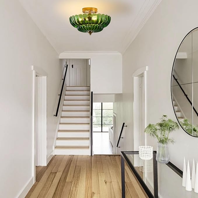 Semi Flush Mount Ceiling Light, Green Glass Ceiling Light Fixture, 3-Bulb Gold Close to Ceiling Light, Vintage Glass Ceiling Lights for Bedroom Kitchen Living Room, Support inline roof installation