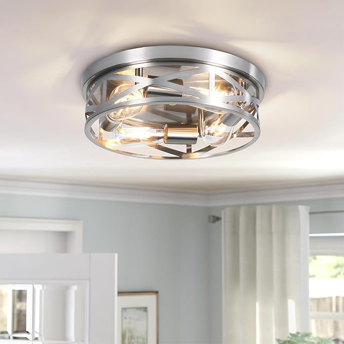 13 Inch Close to Ceiling Lights, 2 Pack Brushed Nickle Flush Mount Ceiling Light Fixture, Modern 4-Light Metal Cage Indoor Kitchen Ceiling Lights for House Hallway Bedroom Living Room