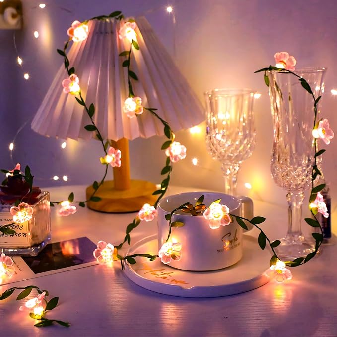 USB Plug-in 16.5ft Pink Cherry Blossom Flower Vine Fairy Lights Decorations | 50 Led Floral Leaf String Lights For Girl'S Bedroom, Window, Wall, Wedding, Birthday, Party, Christmas Hanging Indoor Decor