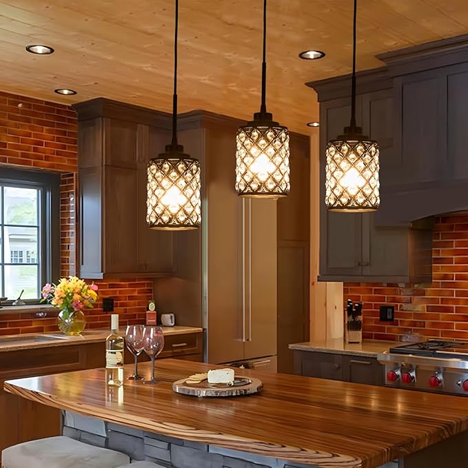 Black Pendant Light Fixtures,1-Light Modern Industrial Pendant Lights Kitchen Island, Matte Finish Hanging Lighting K9 Crystal Mini Chandelier for Dining Room,Hallway,Bedroom,Foyer（1 Pack