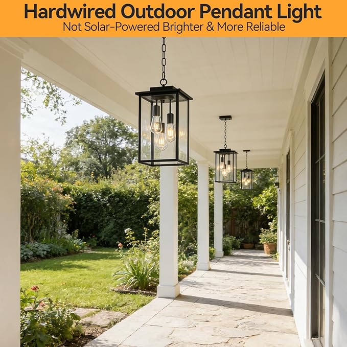 Outdoor Pendant Light Fixture E26 3-Light Modern Black Metal Outside Chandelier Exterior Hanging Fixture Ceiling Mount with Clear Glass for Porch Front Door Entrance Entryway, 1 Pack