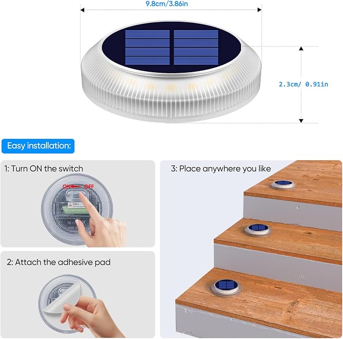Solar Step Lights Outdoor Waterproof Stick on Boat Dock Flat Deck Stair Lights Solar Powered for Outside Patio Driveway Marker Concrete Ground Walkways Sidewalk Pathway Auto On/Off (Warm White 4 Pack)