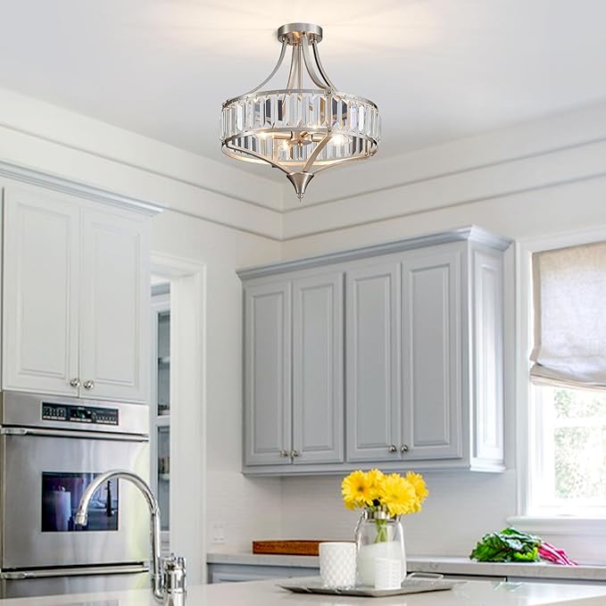 Brushed Nickel 4-Light Crystal Semi Flush Mount Ceiling Light Fixture Rustic Farmhouse Ceiling Lighting with Round Metal Shade Chandelier for Dining Room, Hallway, Bedroom, Foyer