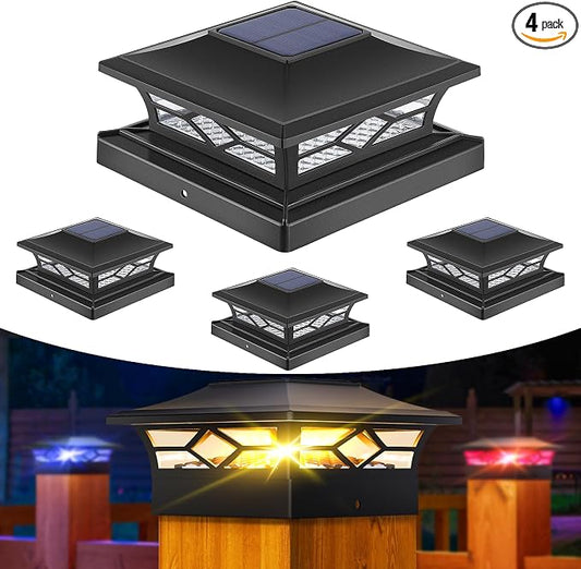 APONUO Solar Post Cap Lights with 8 RGB Colors and Multicolor Flow, Ultra-Bright Clear Lens, IP65 Waterproof for 4x4 5x5 6x6 Wood & Vinyl Fence Posts, 4 Pack Black