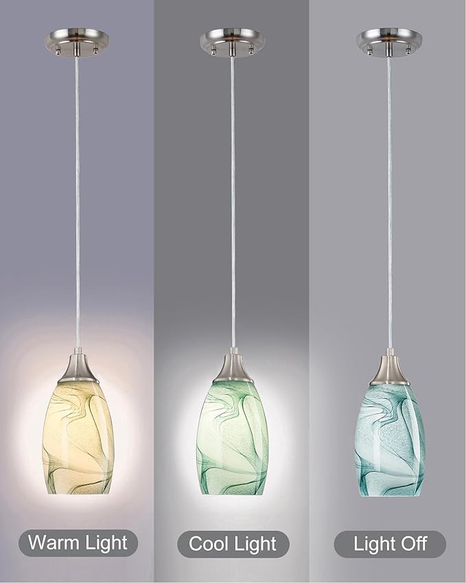karyfine Mini Pendant Lights Kitchen Island Light Brown Glass Lamp Shade Hand Blown Glass Pendant Light with Brush Nickel Finish Adjustable Cord for Kitchen Over Sink (Green Marble-1Packs)