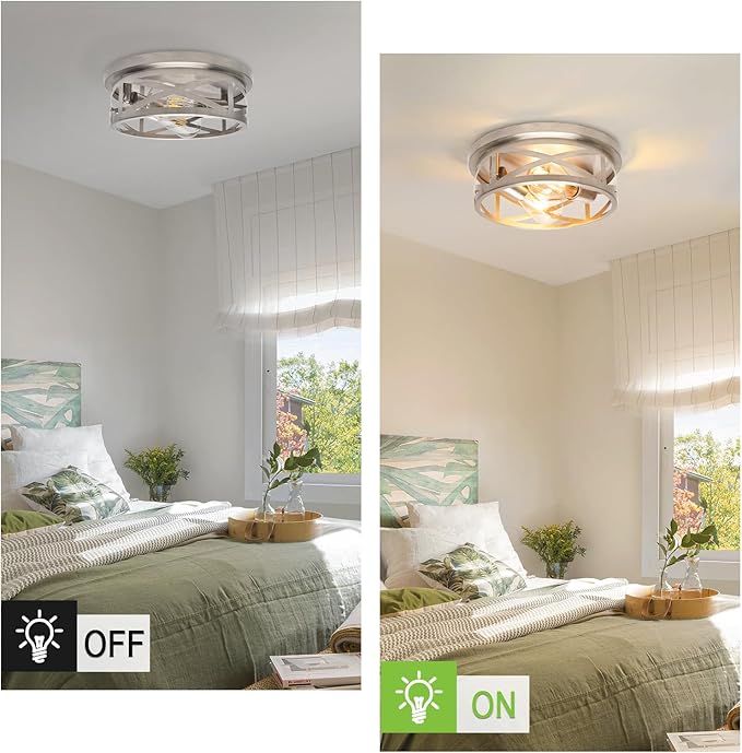 2-Light Flush Mount Ceiling Light Fixture, Farmhouse Ceiling Lights for Kitchen, Modern Black Close to Ceiling Light for Hallway Bedroom Balcony Porch Stairway, E26 (Silver, 1 Pack)
