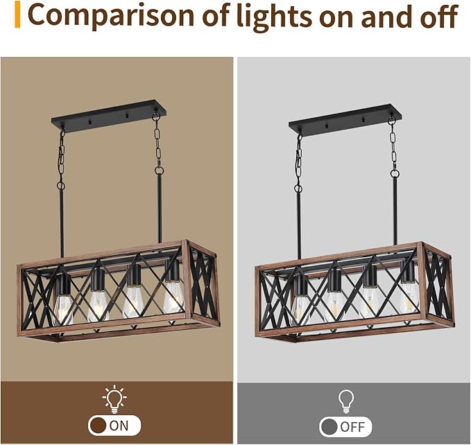 KEESFU 4-Light Farmhouse Linear Chandelier for Dining Room,Adjustable Rustic Pendant Light with Wood Grain Finish for Kitchen Island & Dining Table,Farmhouse Kitchen Lighting fixtures Ceiling.