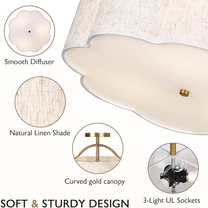 CALOKES Semi Flush Mount Ceiling Light, 16" Modern 3-Light Fixture with Petal-Shaped Beige Linen Shade and Golden Support Arm, Ideal for Bedroom, Kitchen, Living Room, Hallway, and Entryway