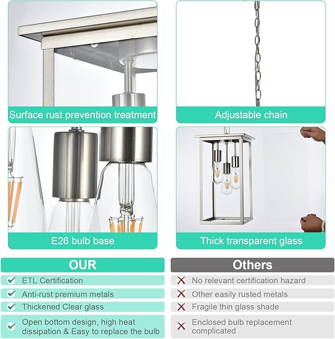 Yaohong Large Outdoor Chandelier for Porch, 3-Light Brushed Nickel Outdoor Pendant Light Fixture Rust-Resistant Metal with Clear Glass, Adjustable Exterior Pendant Light for Porch Entrance Foyer Front