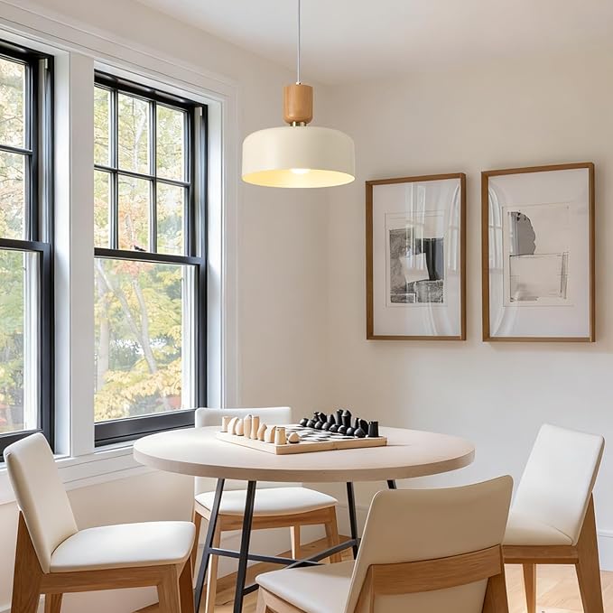 Modern Pendant Lighting,12 inch,Natural Wood and Brass Accent,Adjustable Pendant Light Fixtures for Kitchen Island,Dining Room,Soft Cream