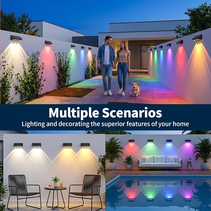 Solar Fence Lights Outdoor 8 Pack, Warm White & RGB Color Changing Fence Lights Solar Powered with Brighter LED Focus Lens, IP65 Waterproof Fence Lights Solar for Wall Deck Patio Porch Step Pool
