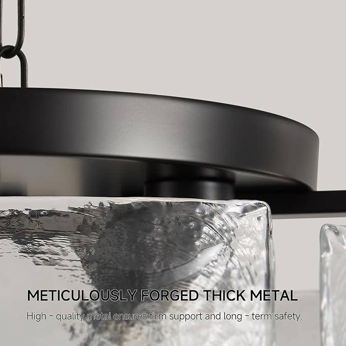 Modern Black Chandeliers for Dining Room: 17.7'' Drum Textured Glass Foyer Chandelier - Vintage Farmhouse kitchen Chandeliers Over Table - Rustic Hanging Light Fixture for Bedroom Living Room Entryway