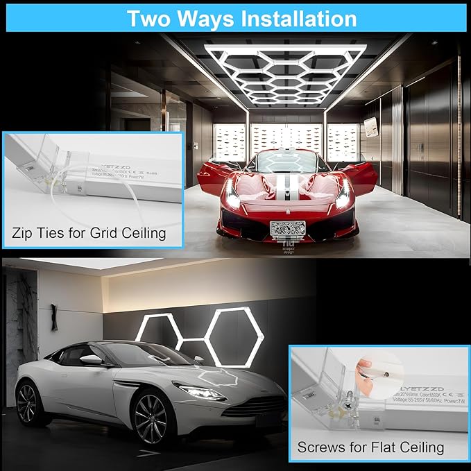 Hexagon Garage Light 3 Hex, 105W 12600LM, 6500K Super Bright Honeycomb LED Ceiling Light for Garage, Workshop, Basement, Gym, Car Detailing Shop