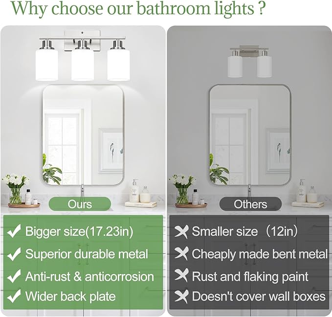 MOKATNG 3-Light Bathroom Light Fixtures, Brushed Nickel Vanity Light with Milky White Shades, Bathroom Lighting Fixtures Over Mirror, Modern Bathroom Wall Lamp for Mirror Living Room Cabinet Bedroom