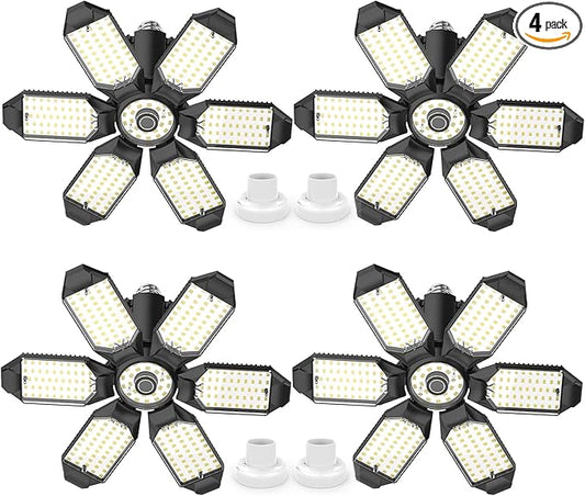 Led Garage Lights 4 Pack 200W Super Bright Ceiling Led Shop Lights, E26/E27 Base, 6500K, 22000LM Deformable Garage Light Ideal for Basement, Attic and Workshop, Commercial Bay Lighting