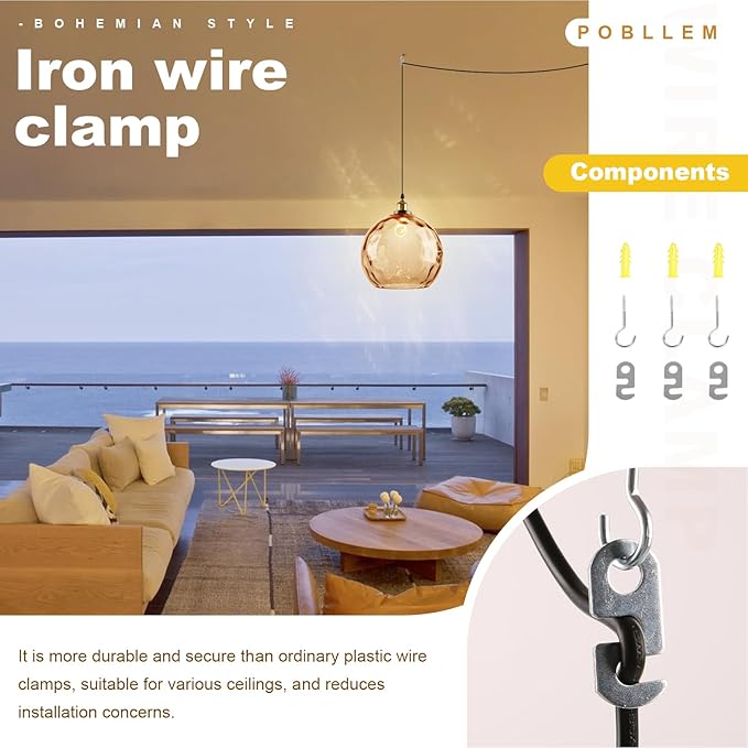 Amber Pendant Lamp Plug in, 13.8" Large Glass Globe Hanging Light Plug in Hanging Lamp with Cord, Vintage Hammered Glass Corded Pendant Light Fixture for Kitchen Dining Room Living Room