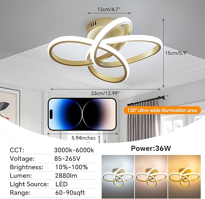 Modern Ceiling Light, 36W LED Dimmable Ceiling Light with Remote Control, Color Temperature Changing, Gold Small Chandelier for Bedroom, Entryway, Hallway, Kitchen
