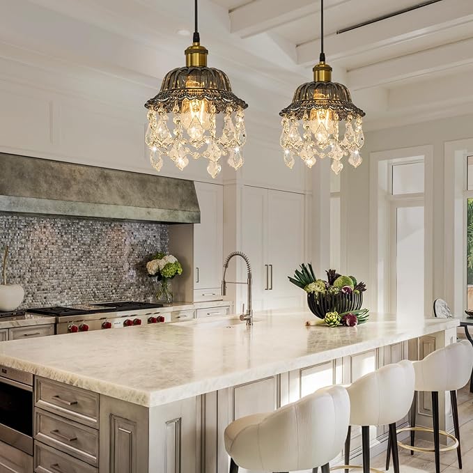 Hanging Light Grey Glass Swag Light with 14.7 Ft Plug-in Cord and On/Off Dimmer Switch, Modern Crystal Chandelier Plug in Pendant Light for Bedroom Kitchen Sink, 9.84 inches, 1-Pack