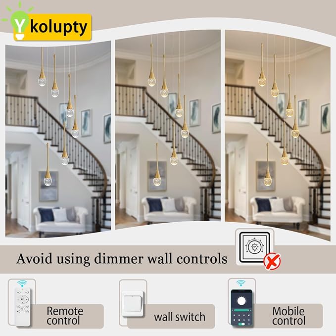 ykolupty H86 Pendant Lights Kitchen Island 6-Lights Pendant Chandelier for Dining Room Hallway Stairwell,LED Dimmable 2700K-6000K