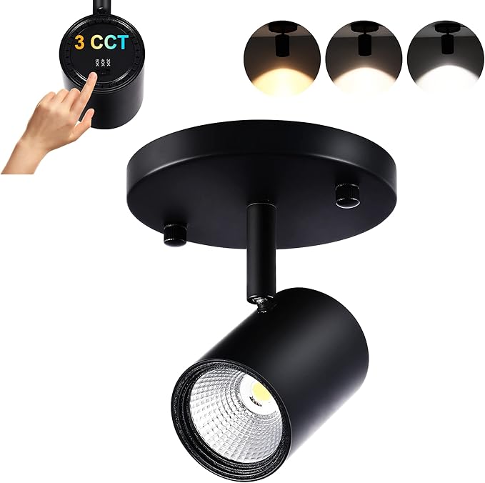 CLOUDY BAY LED Flush Mount Ceiling Spot Light,CRI90+ 9W 3000K 4000K 5000K Selectable Dimmable,Adjustable Tilt Angle Ceiling Track Light Head,Black