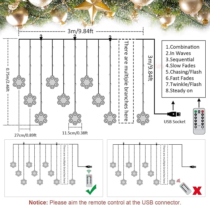 BLOOMWIN Window Lights Christmas Decor 10ft 12 Snowflakes Icicle Lights USB Christmas Curtain Lights for Bedroom Indoor Wall Winter Decorations for Home Church Wedding Birthday, 8 Modes, Warm White