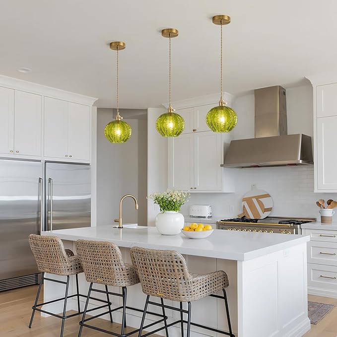 Green Glass Pendant Light Vintage Large Gold Globe Fixtures Mid Century Modern Pendant Lights Hanging Light Fixture Suitable for Kitchen Island Dining Room Foyer Above Sink Bathroom Bedroom
