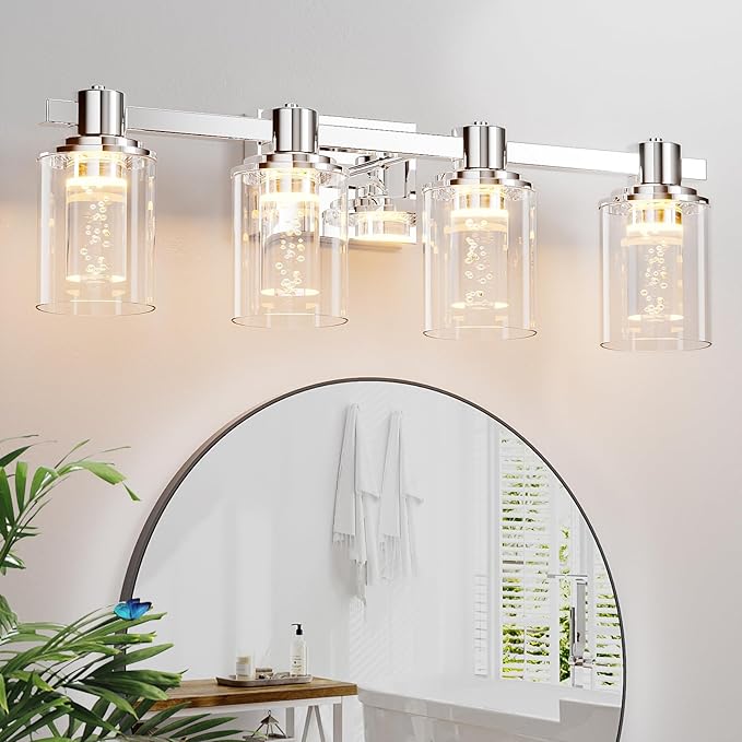 Quntis 4-Light Chrome Bathroom Vanity Light with 5 Color Modes, Dimmable Modern Bathroom Lighting Fixture Over Mirror, 28 Watts Eye Protection LED Wall Lamp 27 Inch (UL Certified, Bulbs Included)