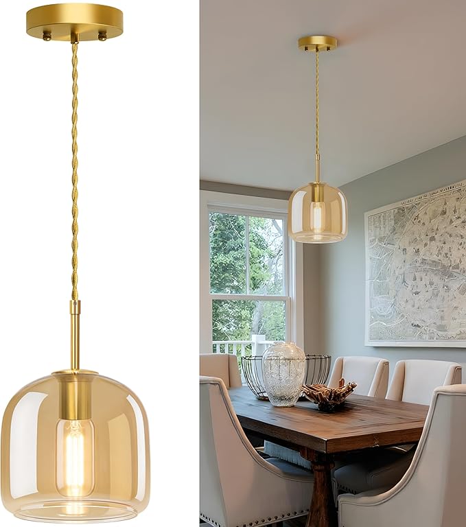 Pendant Lights Kitchen Island-Gold Pendant Light,Farmhouse Brass Hanging Lights with Amber Glass Shade, Adjustable Pendant Light for Dining Room,Kitchen Island,Living Room,Bar&Coffee Shop