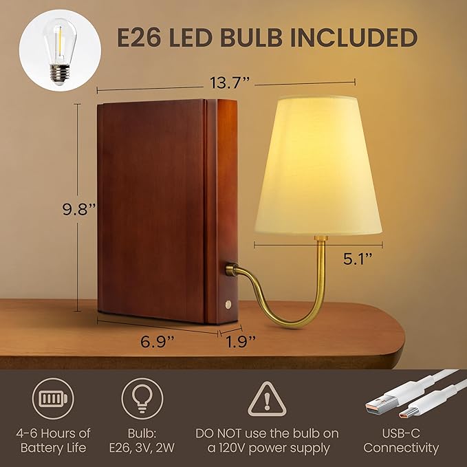 AELS Wooden Bookshelf Lamp with Bulb, Cordless Touch Dimmable Table Lamp with Linen Fabric Shade, Battery Operated, Modern Decorative Bookend, Book Sconce for Office Home Bedroom Bookshelf, Dark Brown