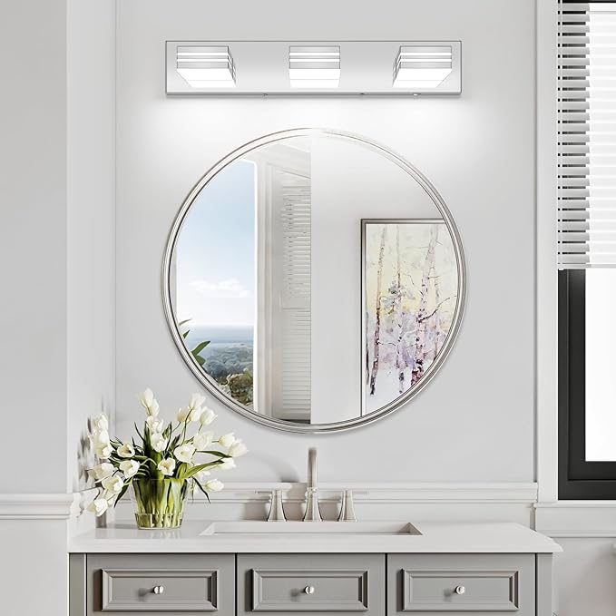 LED Modern Bathroom Vanity Light Fixtures (3-Light, 24-Inch), Chrome Modern Bathroom Wall Lighting Fixtures Over Mirror (Cool White 6000K)