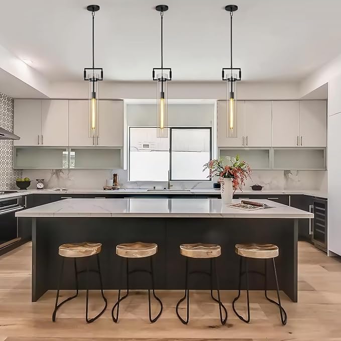 Black Pendant Lights,Modern Glass Pendant Lights Kitchen Island,21.6'' Farmhouse Kitchen Pendant Lighting Over Island for Dining Table,Bathroom,Bedroom,Included E26 Bulb
