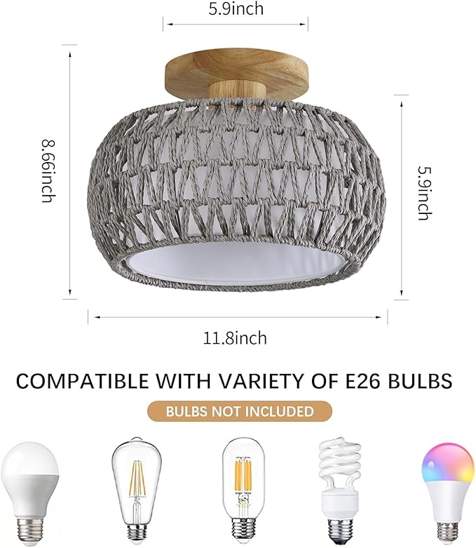 Boho Rattan Ceiling Light Fixture - 3 Style Options Wicker Semi Flush Mount Ceiling Lights,Grey Coastal Light Fixtures,Bohemian Woven Basket Chandelier for Hallway Bedroom Nursery Kitchen Laundry