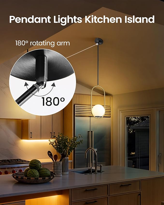 Yunnix Pendant Lights Kitchen Island, Pendant Light Fixtures, Modern Black and Gold Globe Glass Pendant Lighting, Mid Century Chandelier One Light for Bathroom Bedroom Dining Room