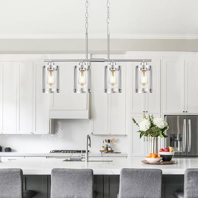 4-Light Kitchen Island Lighting, Brushed Nickel Linear Dining Room Light Fixtures with Clear Glass, Modern Industrial Chandelier Pendant Light for Kitchen Island Dining Room, OS-3014-4ISBN
