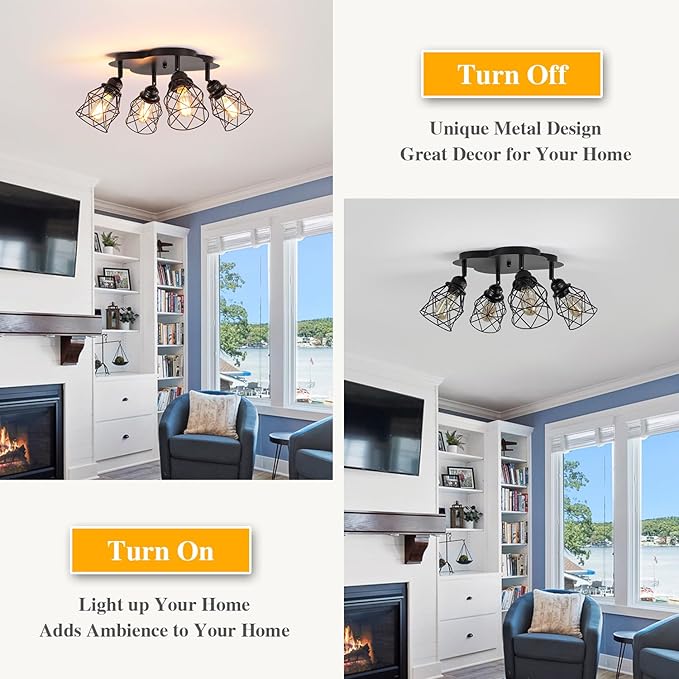 Kitchen Light Fixtures Ceiling Mount, Adjustable Semi Flush Mount Ceiling Light, Multi-Directional Lamp for Kitchen, Hallway, Dining Room, Farmhouse with E26 Base (Black 4-Light)