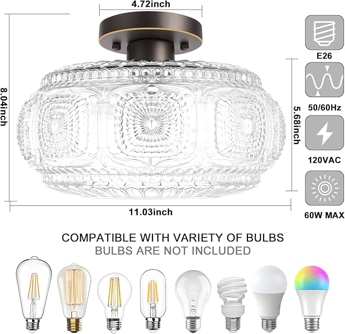 Semi Flush Mount Ceiling Light, Upgraded Larger Bronze Glass Ceiling Light Fixture, Vintage Lighting for Hallway Kitchen Bedroom Dining Room, Bulb Not Included