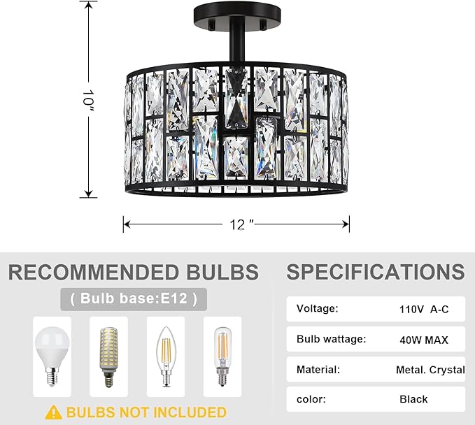 3 Light 12" Crystal Hanging Kitchen Island Ceiling Light Black Finish,Concise Pendant Fixture Crystal Metal Pendant Chandelier Lamp Shade for Bar,Dining Room,Living Room Over Sink