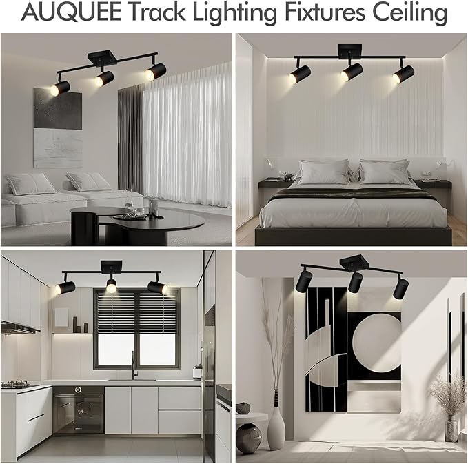 3 Light Track Lighting Fixtures Ceiling, Black LED Track Lighting Kit, Modern Kitchen Track Lights with Rotatable Light Heads, Ceiling Spot Lighting for Living Room/Hallway/Bar, No GU10 Bulb