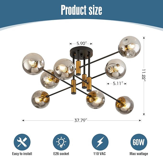 DDLLDESHI 8 Light Sputnik Ceiling Light Fixture Glass Globe Bubble Modern Chandelier for Dining Room Bedroom Kitchen Living Room Hallway Entryway Office