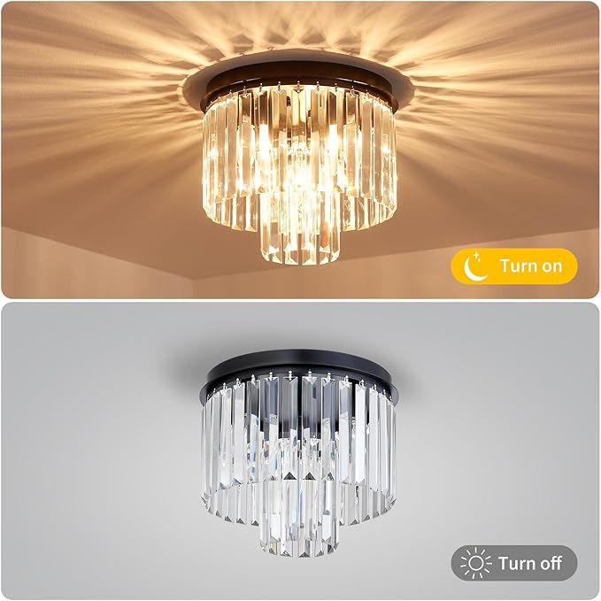 Crystal Ceiling Light, 3-Light Modern Flush Mount Ceiling Light Fixture for Living Room, Dinning Room, Hallway, D12xH13inch, Black Finish Frame & K9 Crystal