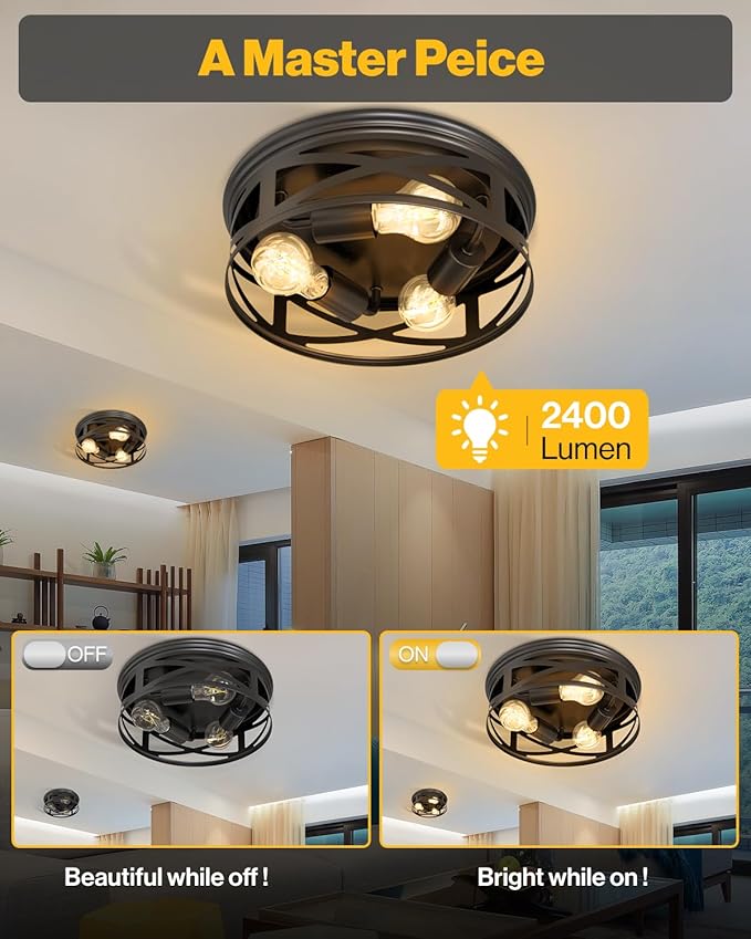 Sunco Farmhouse 3-Light Flush Mount Ceiling Light Fixture, Hallway Matte Black Outdoor Lights, Anti-Corrosive, E26 Base, A19 Edison LED Bulbs Included, for Hallway Kitchen Bathroom 2 Pack
