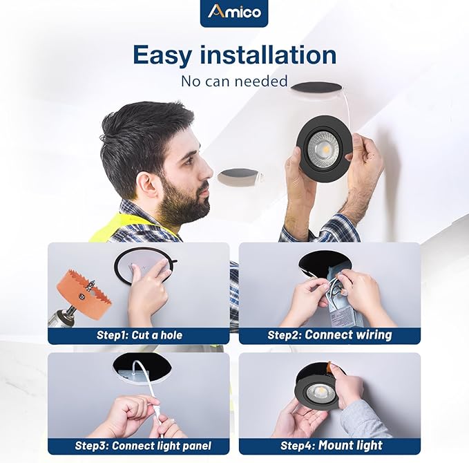 Amico 6 Pack 4 Inch 5CCT Gimbal LED Recessed Lighting, 360°&90°Adjustable Eyeball Directional Downlight, Dimmable, 2700K/3000K/3500K/4000K/5000K Selectable, 9W 700LM CRI90+, Black, ETL&FCC