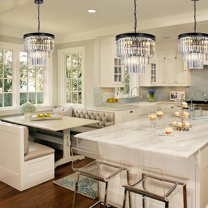 Crystal Chandelier 15.8" Modern K9 Crystal Hanging Pendant Lights 6-Lights Black 3-Tier Luxury Crystal Dining Room Light Fixture for Living Room Bedroom Kitchen Island Entryway Foyer Stair