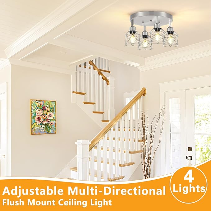 4-Light Brushed Nickel Kitchen Light Fixtures, Modern Hallway Light Fixtures Ceiling, Adjustable Multi-Directional Indoor Silver Metal Cage Close to Ceiling Lights for House Bedroom