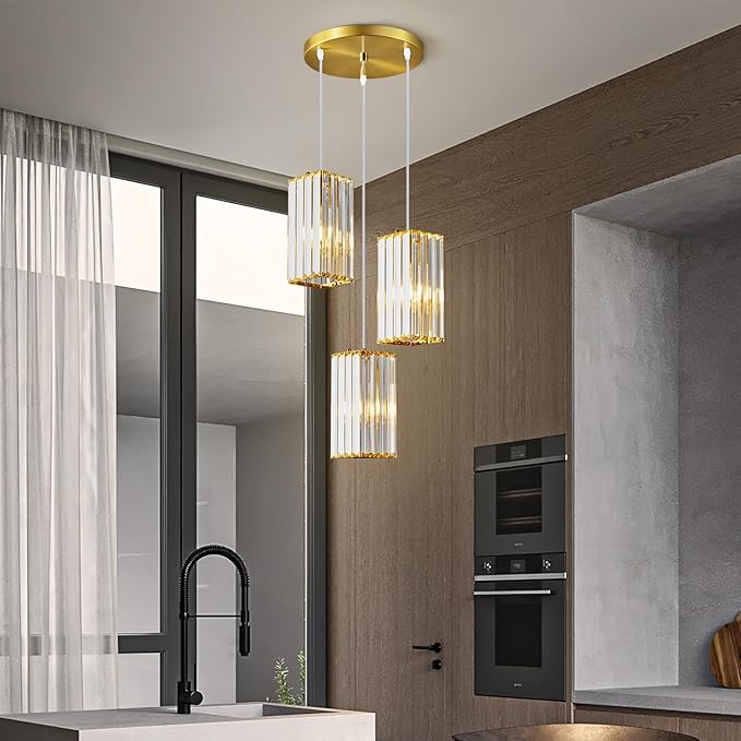Pendant Lights Modern Pendant Light Gold Rectangle Mini Crystal Chandeliers Adjustable Pendant Light Fixture for Kitchen Island Bedroom Dinning Room Living Room (Gold-3Light